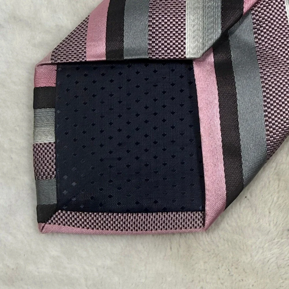 Stafford Essentials Mens Pink Gray Black Striped Polyester Hand Made Necktie